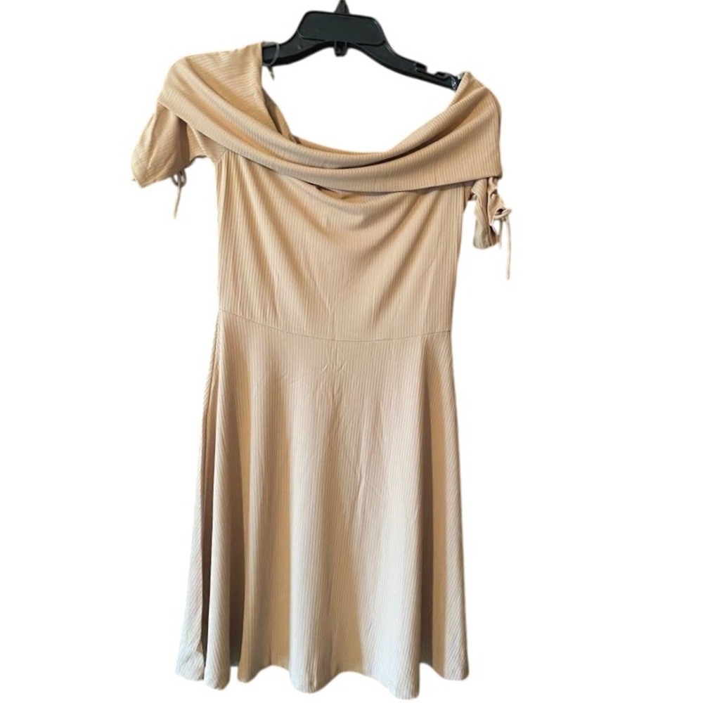 Hayden Los Angeles Ribbed Off‎ Shoulder Dress Ruched Sleeves Midi Length Beige